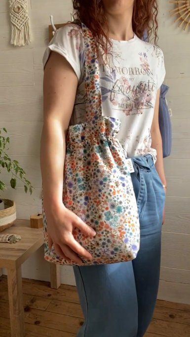 Tote bag Joey en coton fleuri bleu/rouge