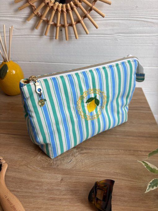 Trousse Joya Citron brodé rayure bleu/vert