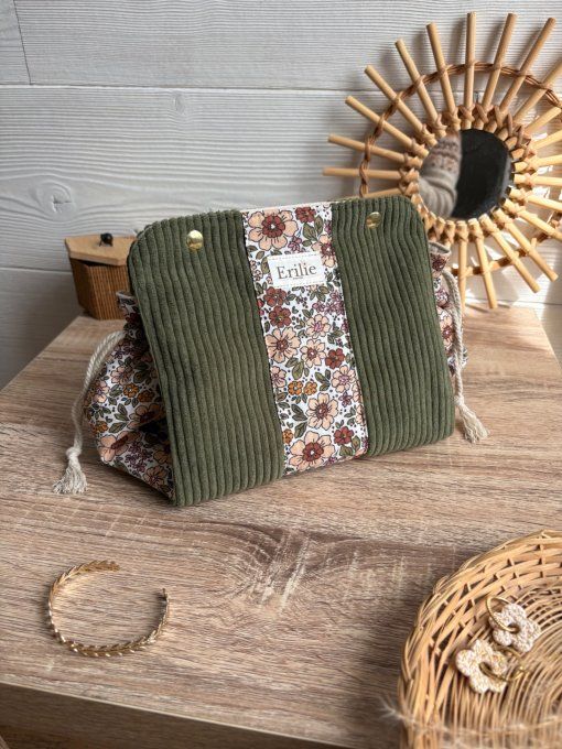 Pochon Elena Taille M - Velours kaki fleurs