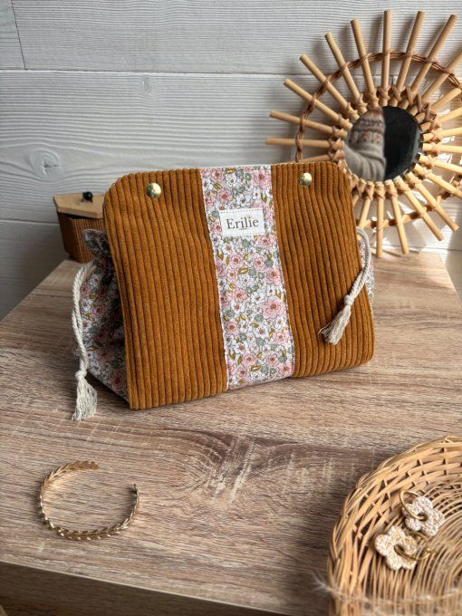 Pochon Elena Taille M - Velours Ocre fleurs