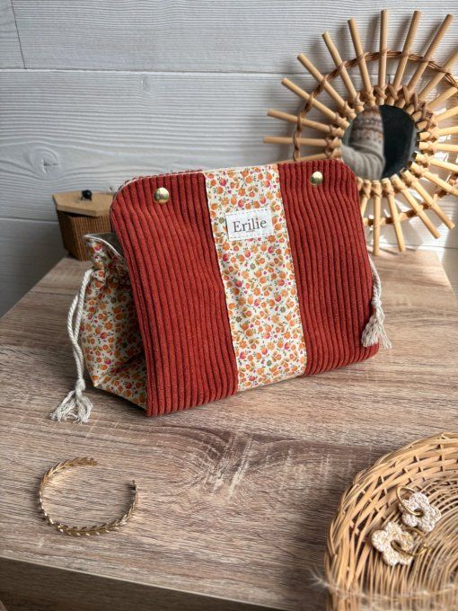 Pochon Elena Taille M - Velours Terra cotta fleurs