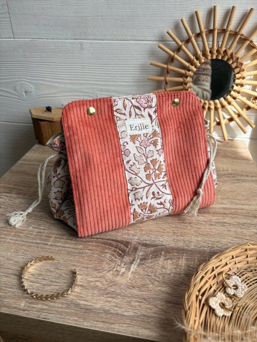 Pochon Elena Taille M - Velours Corail fleurs