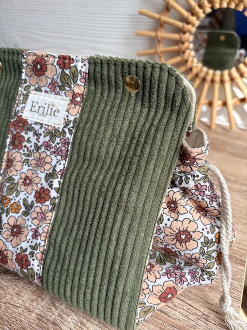 Pochon Elena Taille M - Velours kaki fleurs