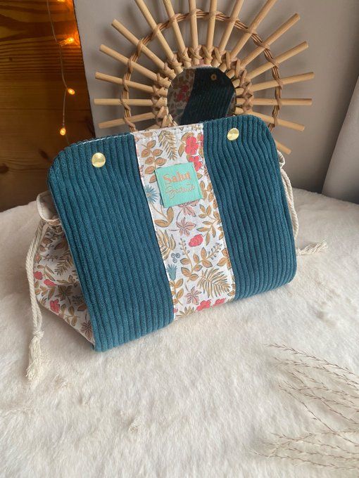 Pochon Elena - Velours Bleu canard Sho fleuri