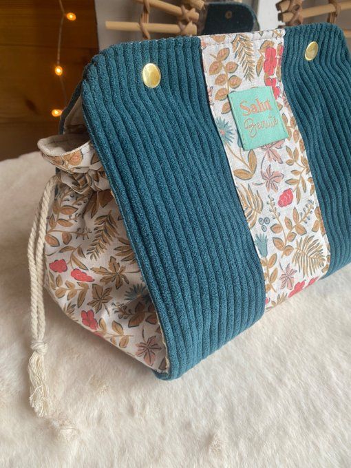 Pochon Elena - Velours Bleu canard Sho fleuri